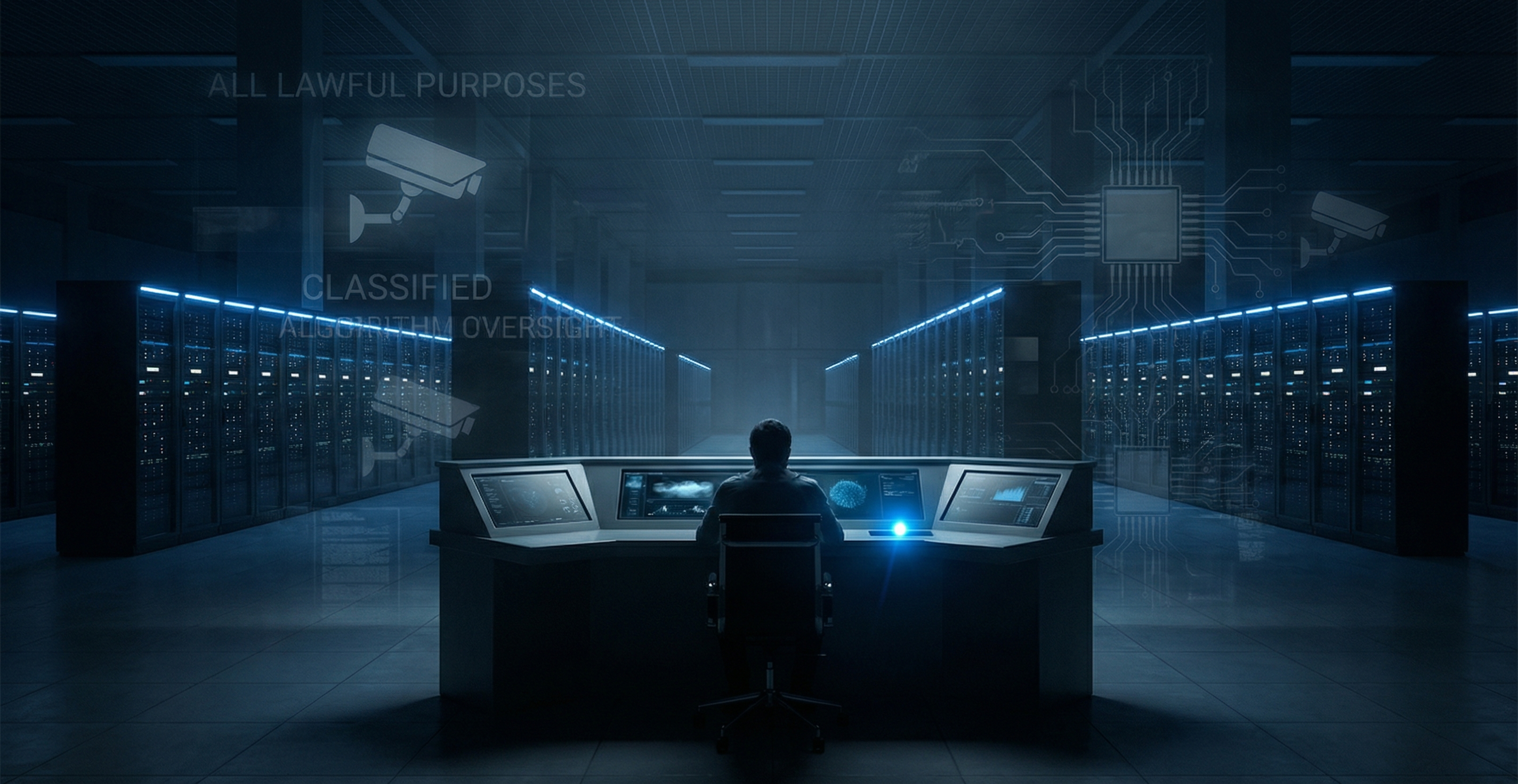 A lone figure at a control console in a vast dark data center, surveillance cameras and the words ALL LAWFUL PURPOSES overlaid